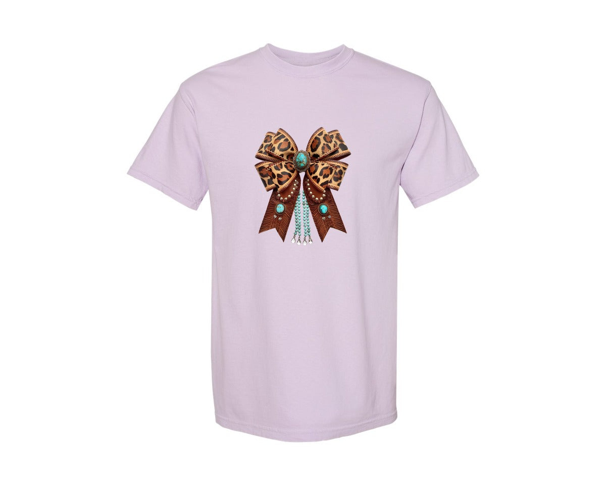 brand:Comfort Colors|color:Orchid|Western Leopard Bow Bohemian Coquette Graphic T-Shirt