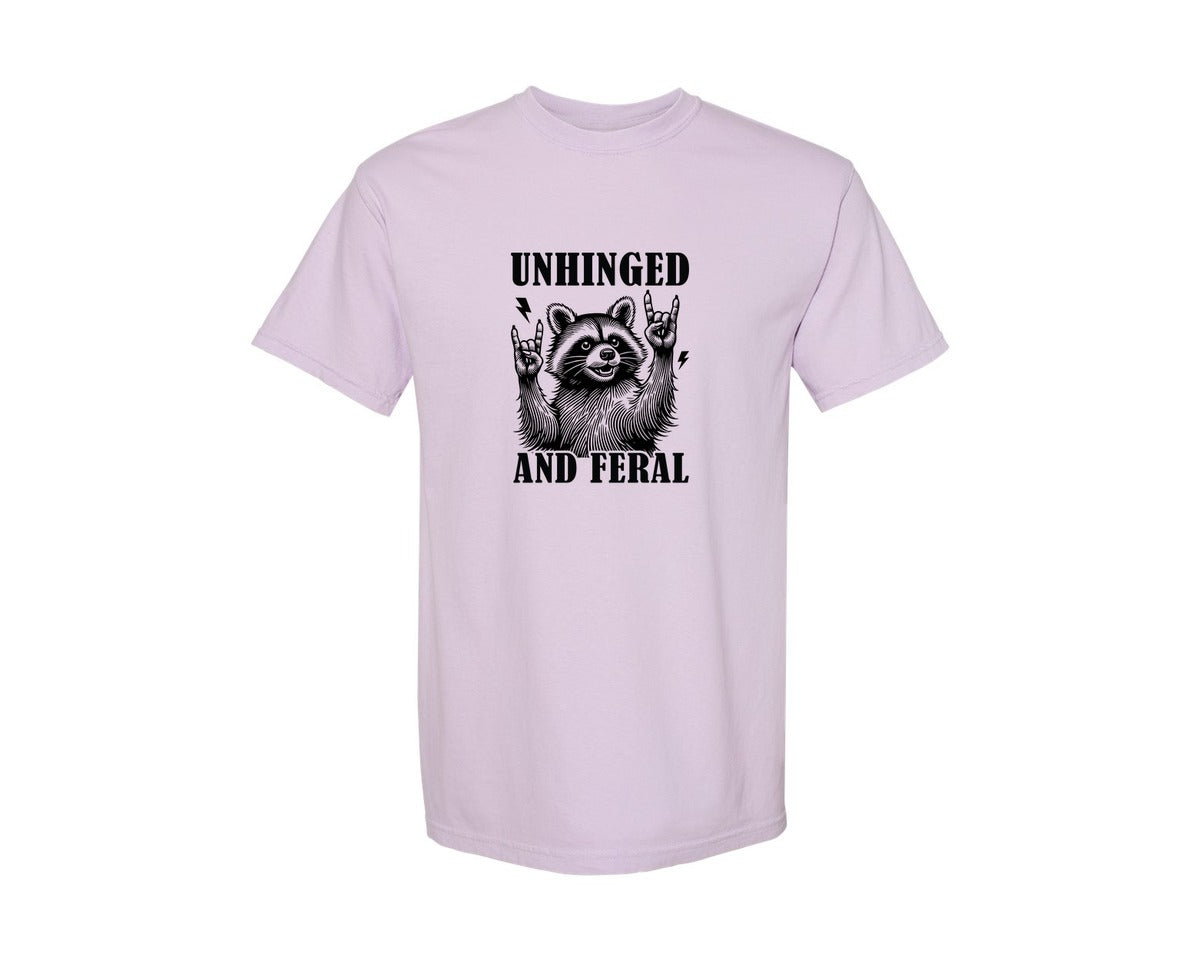 brand:Comfort Colors|color:Orchid|Unhinged And Feral Vintage Raccoon Meme Graphic T-Shirt