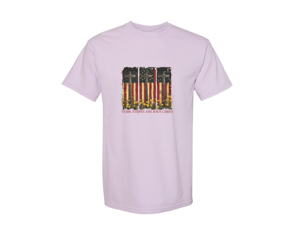 brand:Comfort Colors|color:Orchid|Stars And Stripes And Jesus Christ Graphic T-Shirt