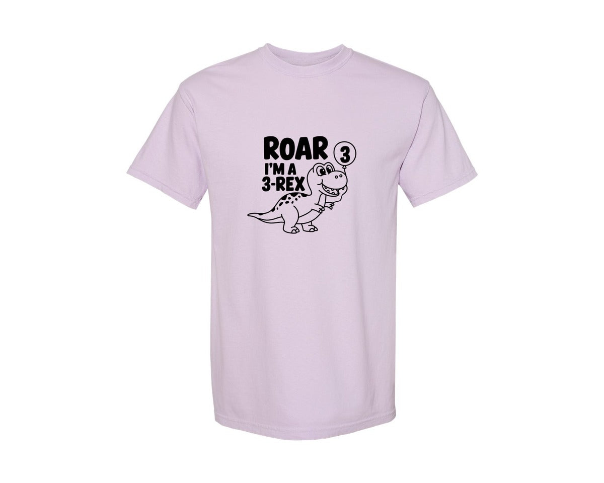 brand:Comfort Colors|color:Orchid|3 Rex Dinosaur Birthday Graphic T-Shirt