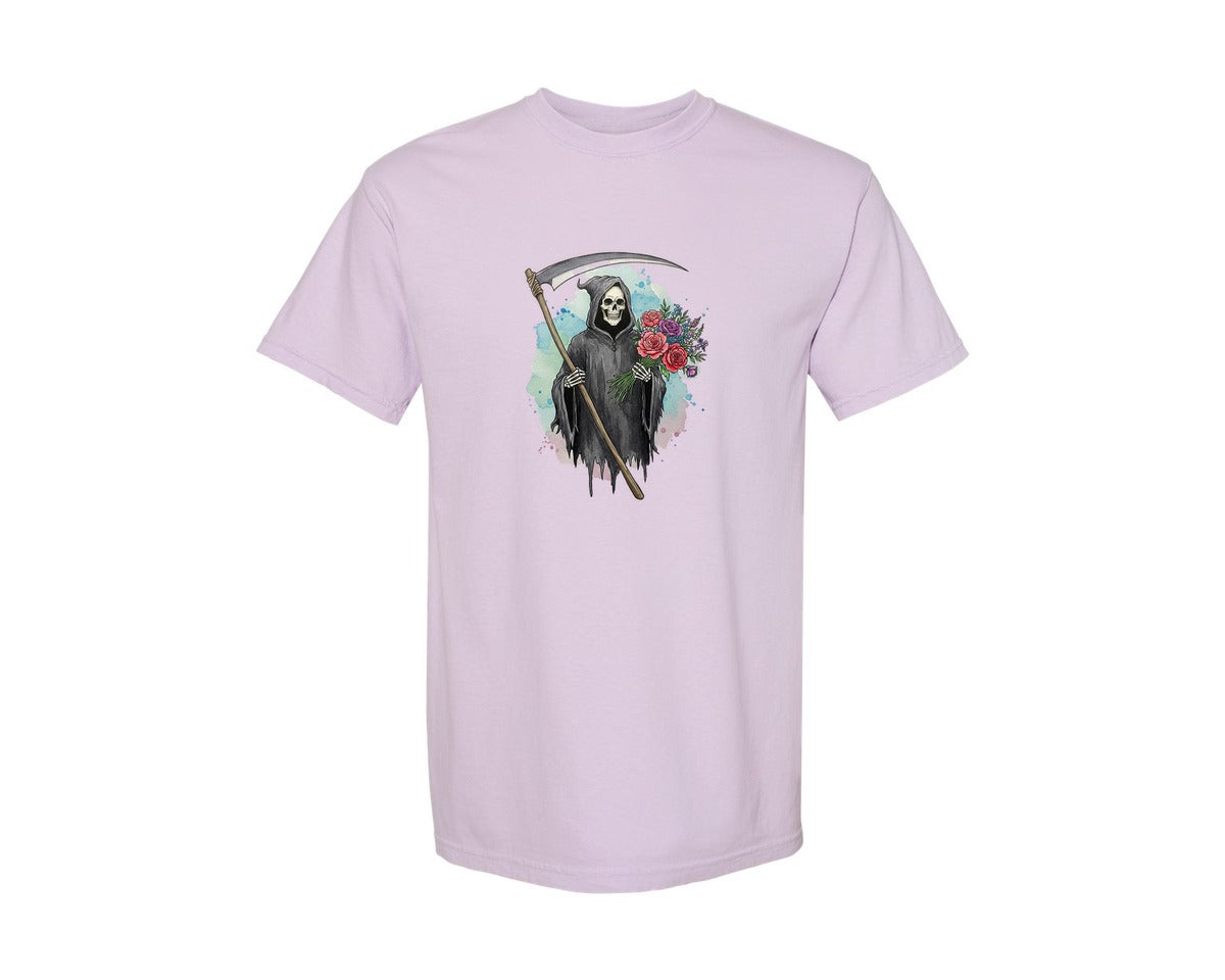 brand:Comfort Colors|color:Orchid|Grim Reaper With Flowers Gothic Graphic T-Shirt