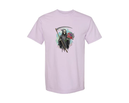 brand:Comfort Colors|color:Orchid|Grim Reaper With Flowers Gothic Graphic T-Shirt