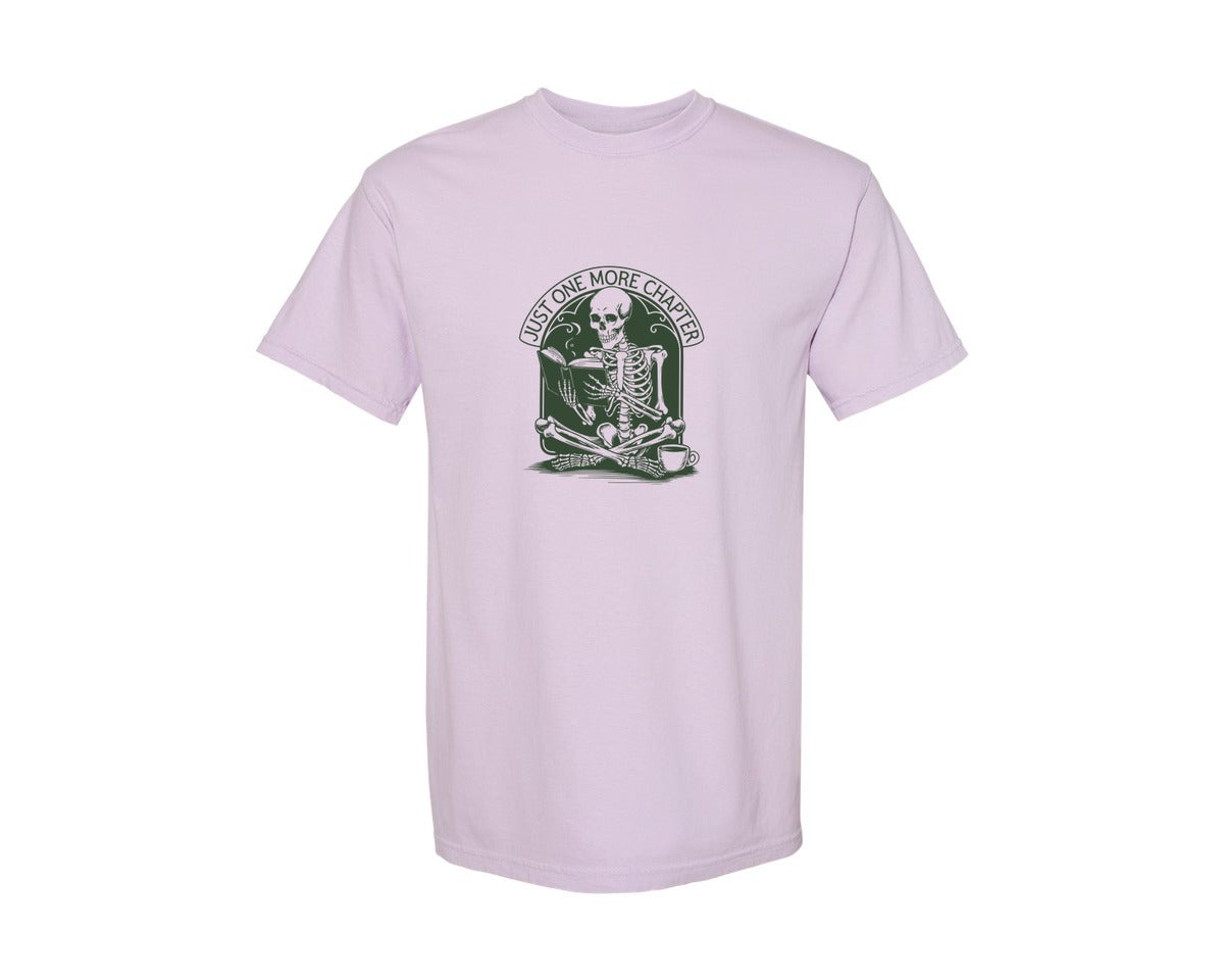 brand:Comfort Colors|color:Orchid|Just One More Chapter Skeleton Coffee 2 Graphic T-Shirt