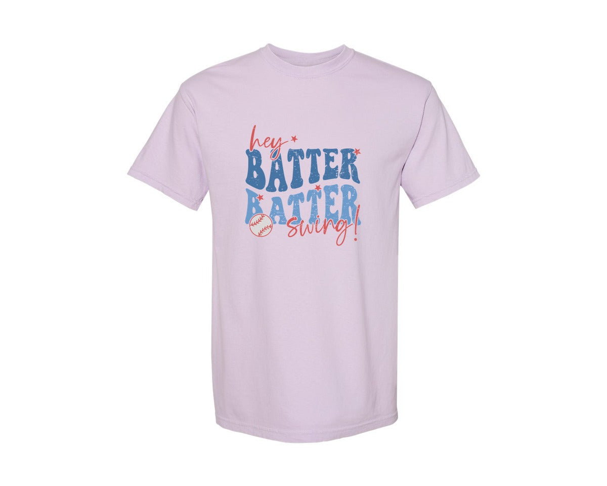 brand:Comfort Colors|color:Orchid|Retro Baseball Hey Batter Batter Swing Graphic T-Shirt