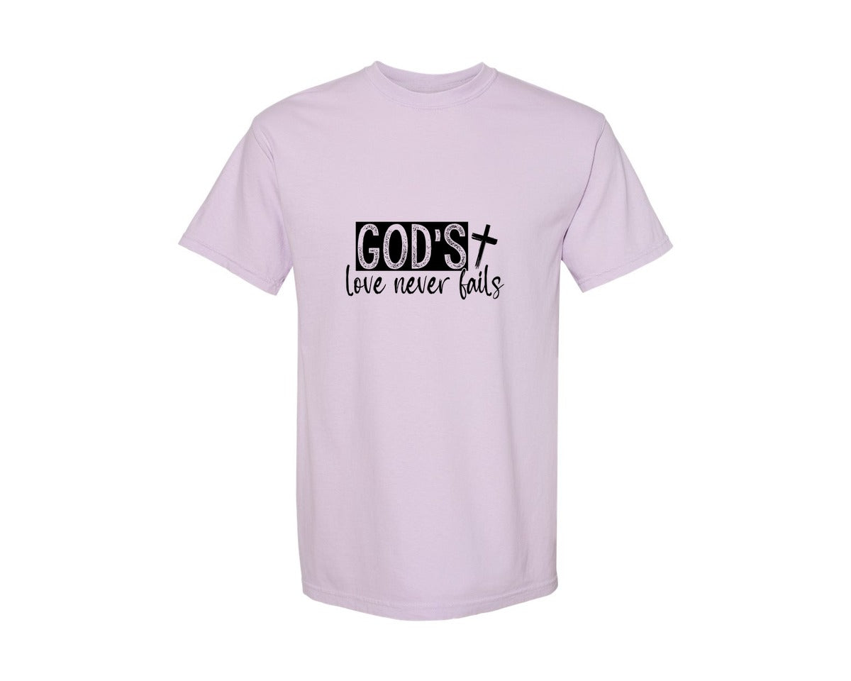 brand:Comfort Colors|color:Orchid|Gods Love Never Fails Sleeve Design 2 Graphic T-Shirt
