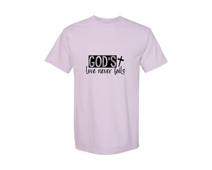 brand:Comfort Colors|color:Orchid|Gods Love Never Fails Sleeve Design 2 Graphic T-Shirt