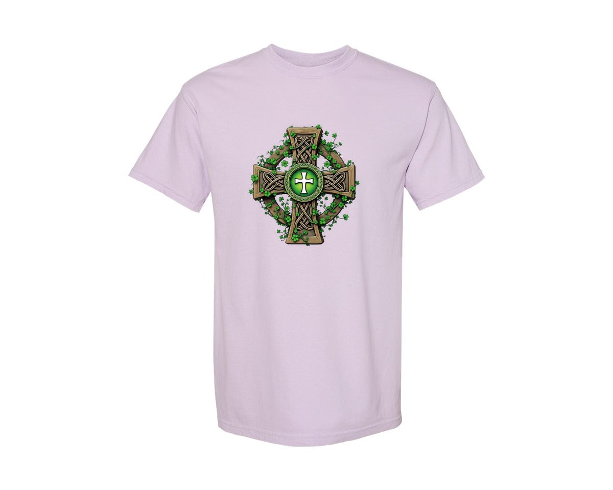 brand:Comfort Colors|color:Orchid|Celtic Cross With Shamrocks Irish Graphic T-Shirt