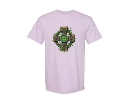 brand:Comfort Colors|color:Orchid|Celtic Cross With Shamrocks Irish Graphic T-Shirt