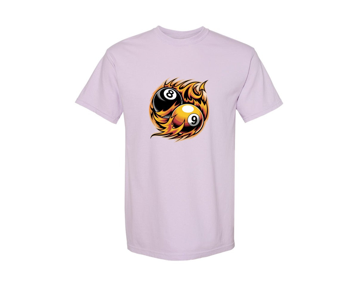 brand:Comfort Colors|color:Orchid|Flaming 8 9 Ball Billiards Graphic T-Shirt