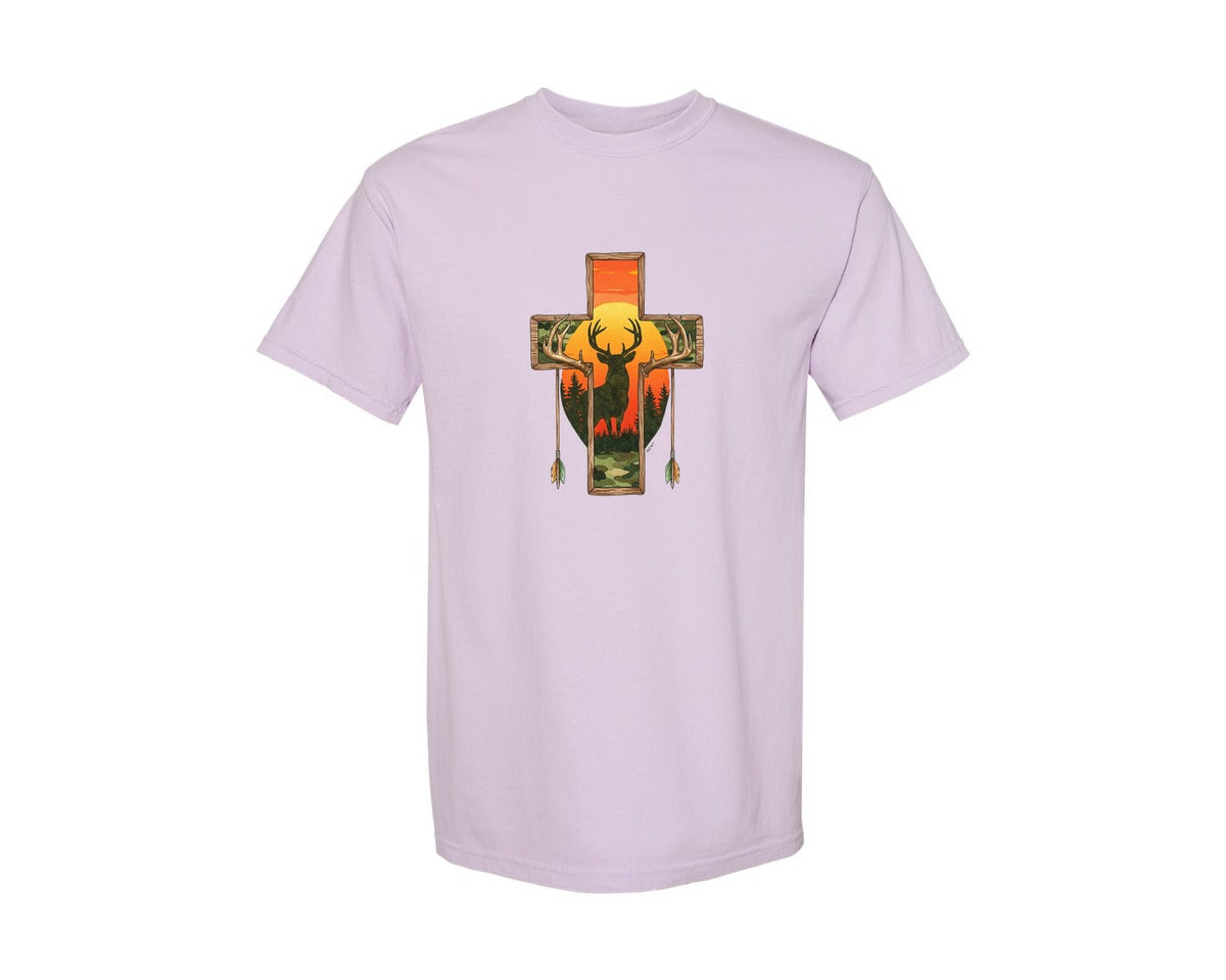 brand:Comfort Colors|color:Orchid|Deer Cross Rustic Hunting Cross Sub Graphic T-Shirt