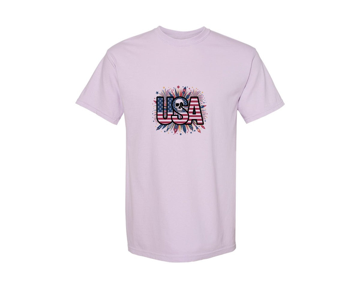 brand:Comfort Colors|color:Orchid|Usa Skull Fireworks 4Th Of July T Shirt 2 Graphic T-Shirt