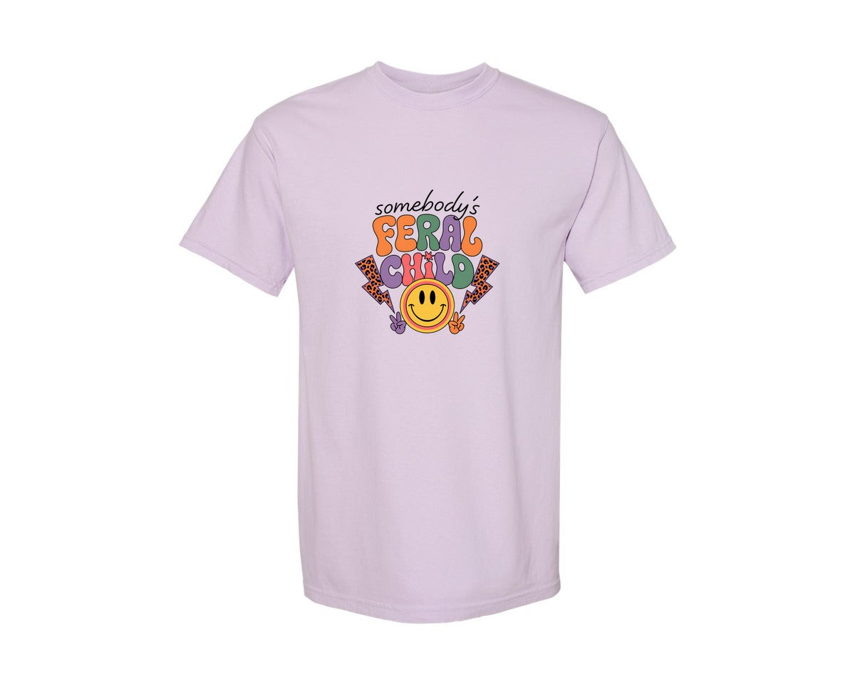 brand:Comfort Colors|color:Orchid|Somebodys Feral Child Funny Summer Graphic T-Shirt