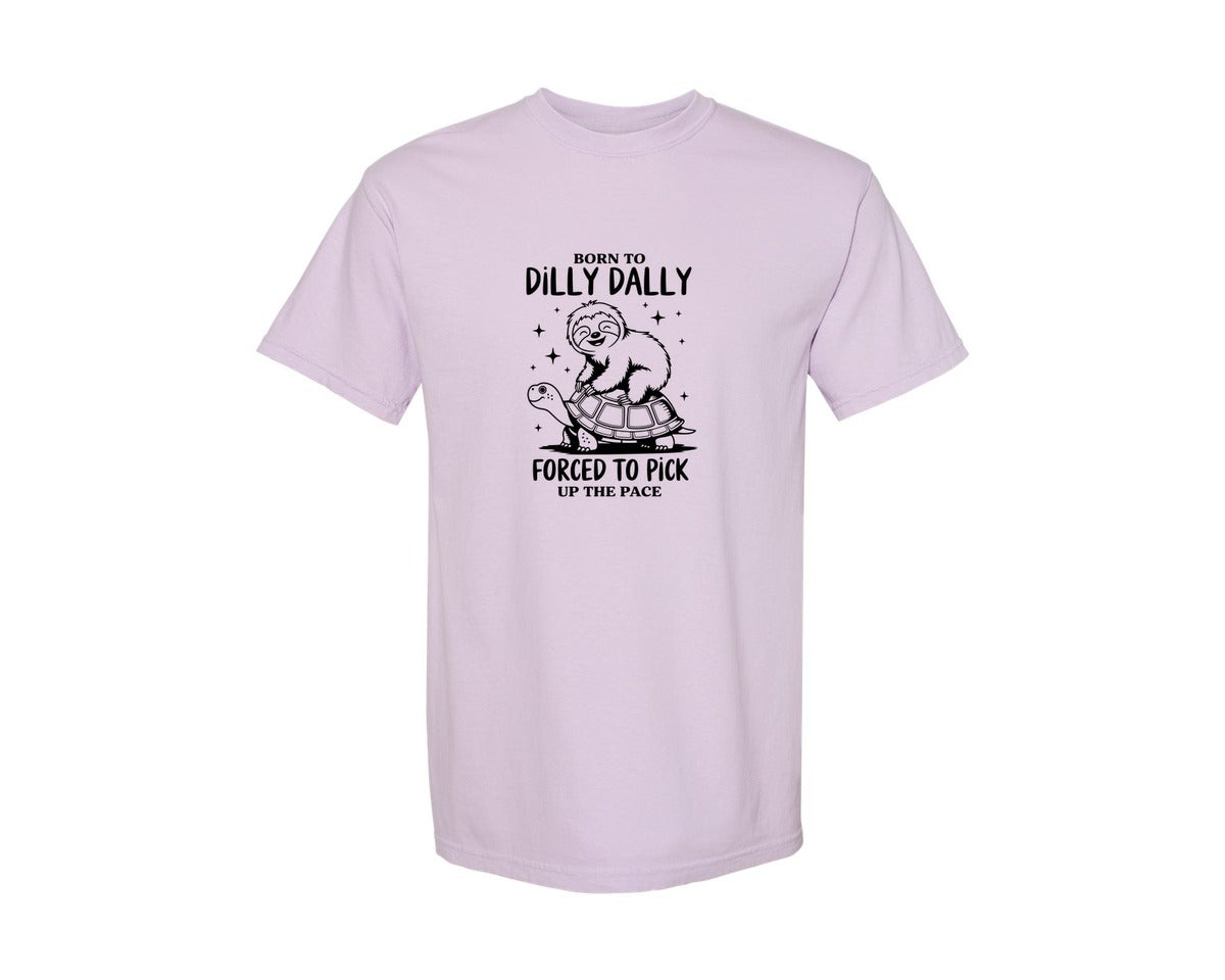 brand:Comfort Colors|color:Orchid|Born To Dilly Dally Funny Sloth Graphic T-Shirt