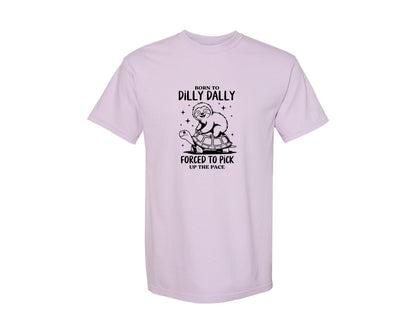 brand:Comfort Colors|color:Orchid|Born To Dilly Dally Funny Sloth Graphic T-Shirt