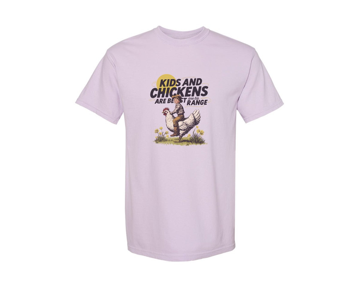 brand:Comfort Colors|color:Orchid|Kids And Chickens Vintage Farm Graphic T-Shirt