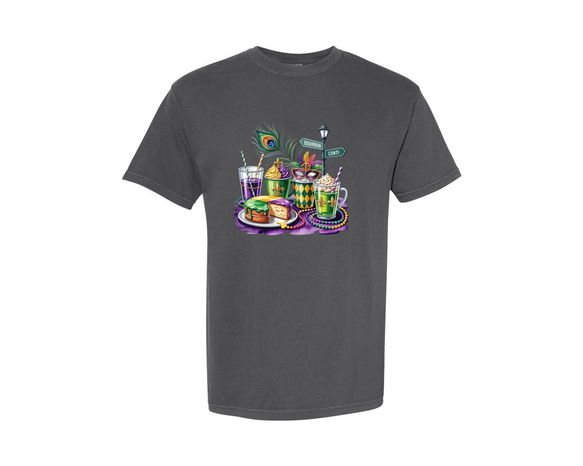 brand:Comfort Colors|color:Pepper|Mardi Gras Drinks King Cake 4 Graphic T-Shirt