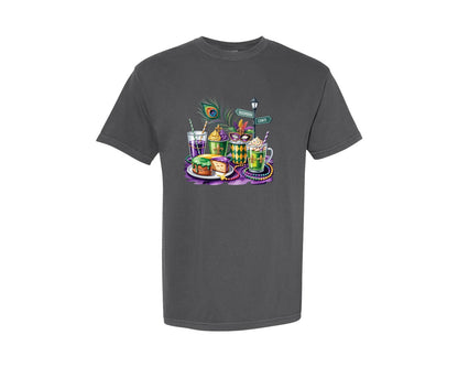 brand:Comfort Colors|color:Pepper|Mardi Gras Drinks King Cake 4 Graphic T-Shirt