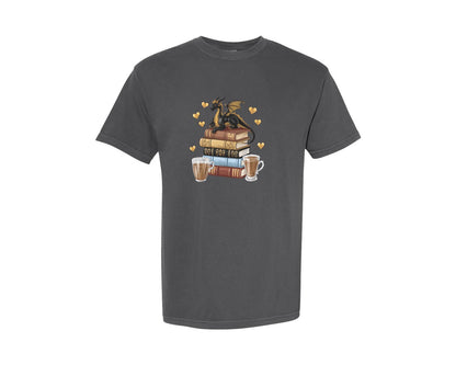 brand:Comfort Colors|color:Pepper|Book Dragon Coffee Graphic T-Shirt