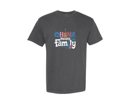 brand:Comfort Colors|color:Pepper|Ohana Means Family Hawaiian Hibiscus Graphic T-Shirt