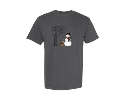brand:Comfort Colors|color:Pepper|Winter Snowman And Dog Snow Scene Graphic T-Shirt