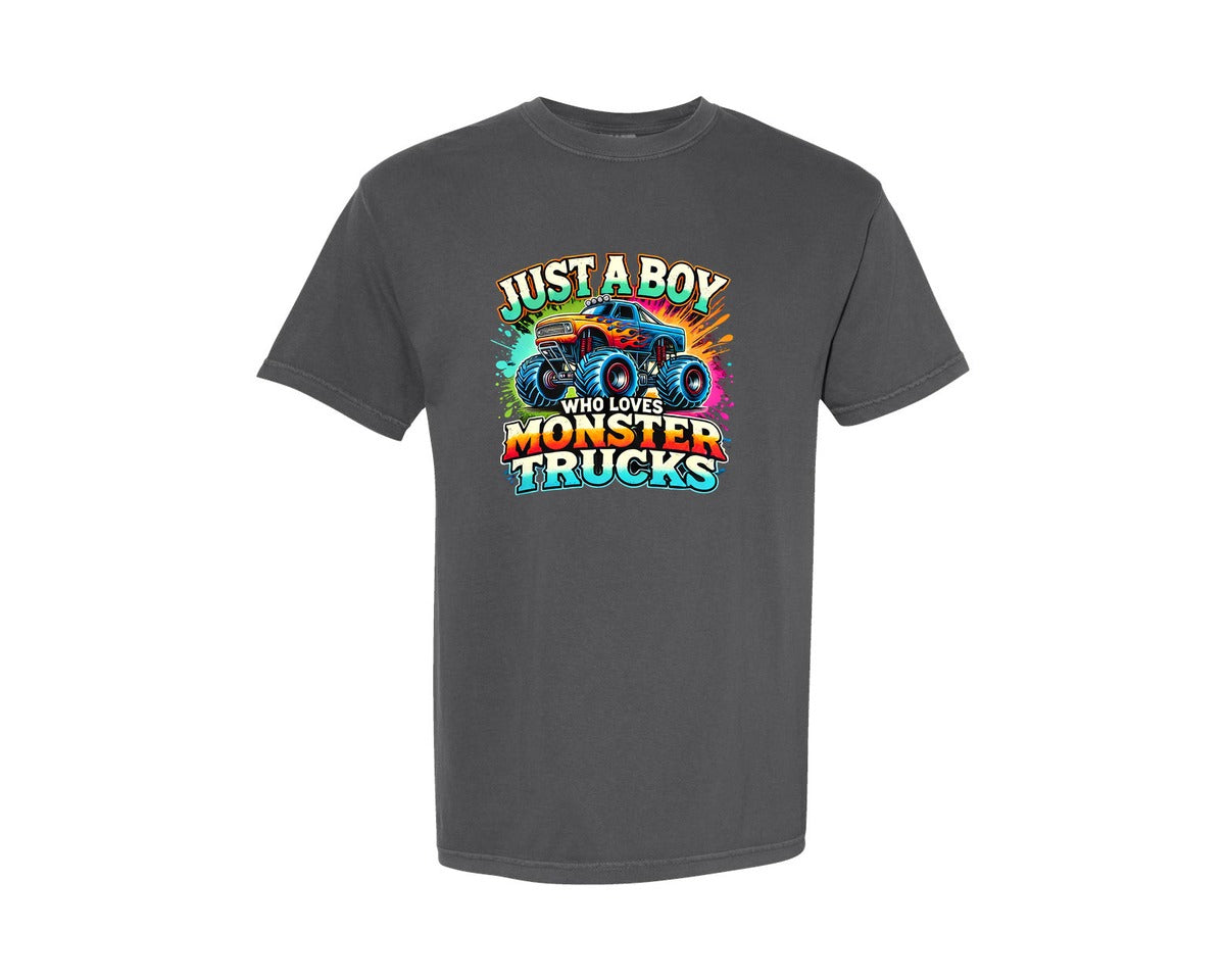 brand:Comfort Colors|color:Pepper|Just A Boy Who Loves Monster Trucks Graphic T-Shirt