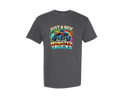 brand:Comfort Colors|color:Pepper|Just A Boy Who Loves Monster Trucks Graphic T-Shirt