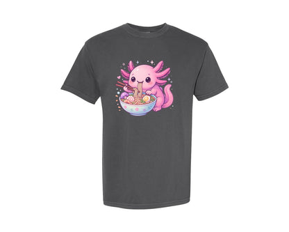brand:Comfort Colors|color:Pepper|Cute Axolotl Ramen Noodles Graphic T-Shirt