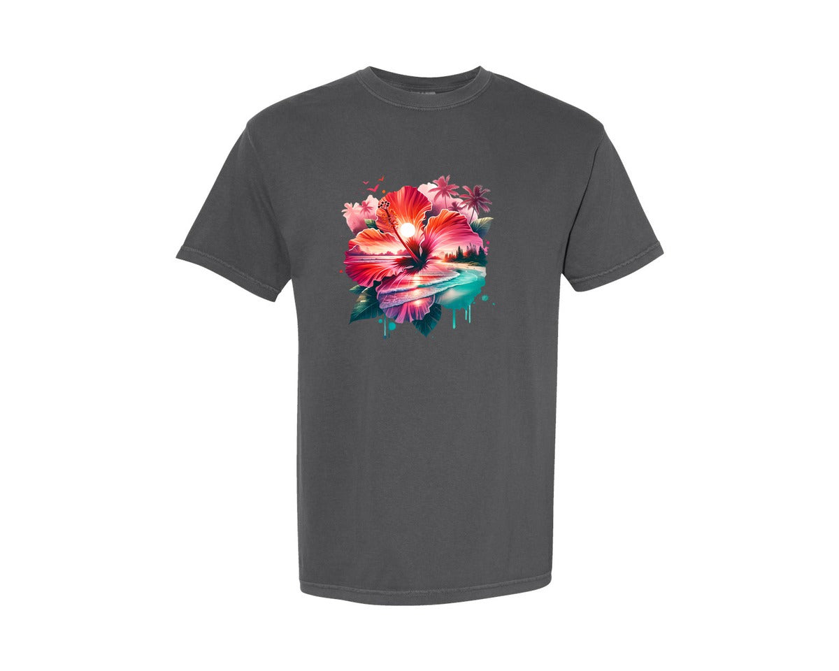 brand:Comfort Colors|color:Pepper|Tropical Hibiscus Flower Ocean Beach Graphic T-Shirt