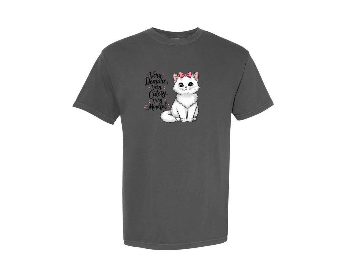 brand:Comfort Colors|color:Pepper|Cute White Kitten With Pink Bow Graphic T-Shirt