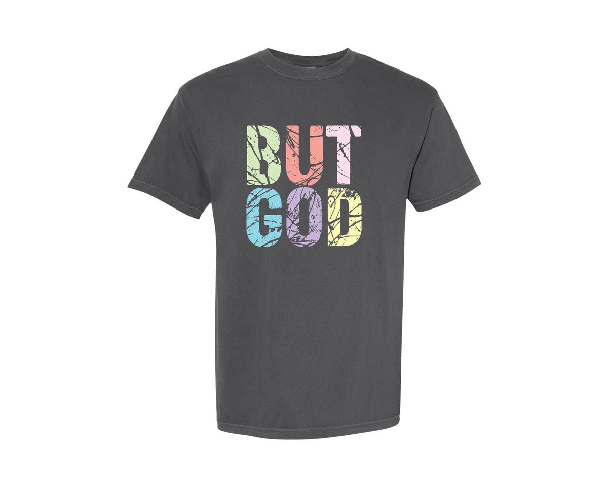 brand:Comfort Colors|color:Pepper|But God Preppy Christian Women Graphic T-Shirt