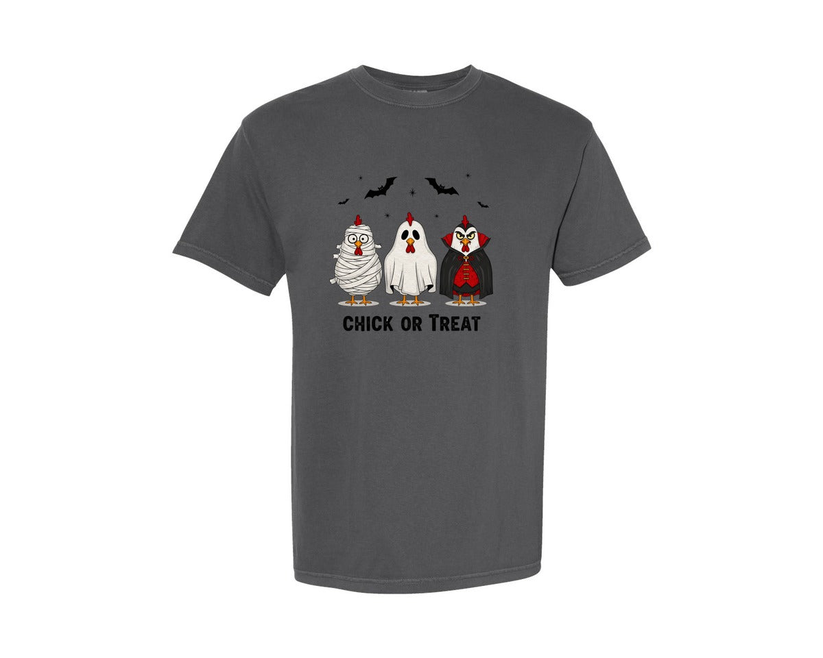 brand:Comfort Colors|color:Pepper|Chick Or Treat Spooky Farm Animal Graphic T-Shirt