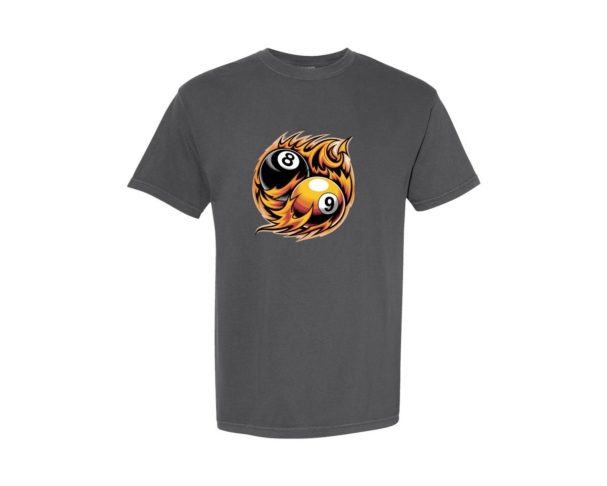 brand:Comfort Colors|color:Pepper|Flaming 8 9 Ball Billiards Graphic T-Shirt