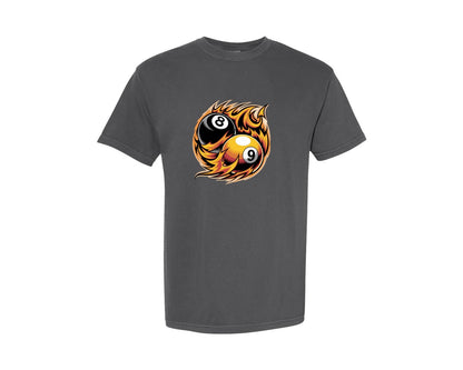 brand:Comfort Colors|color:Pepper|Flaming 8 9 Ball Billiards Graphic T-Shirt