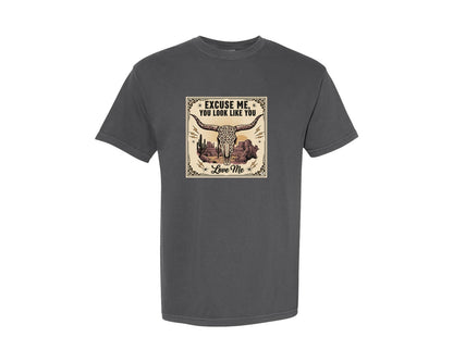 brand:Comfort Colors|color:Pepper|Funny Western Longhorn Skull Graphic T-Shirt