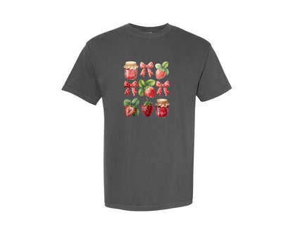 brand:Comfort Colors|color:Pepper|Summer Strawberry Bow Festival Graphic T-Shirt