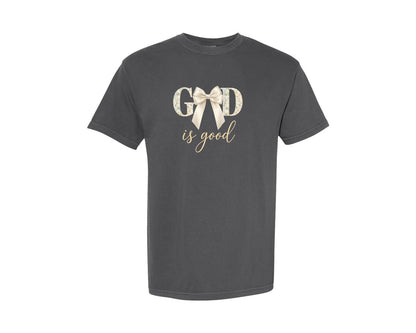 brand:Comfort Colors|color:Pepper|God Is Good Floral Bow Christian Graphic T-Shirt