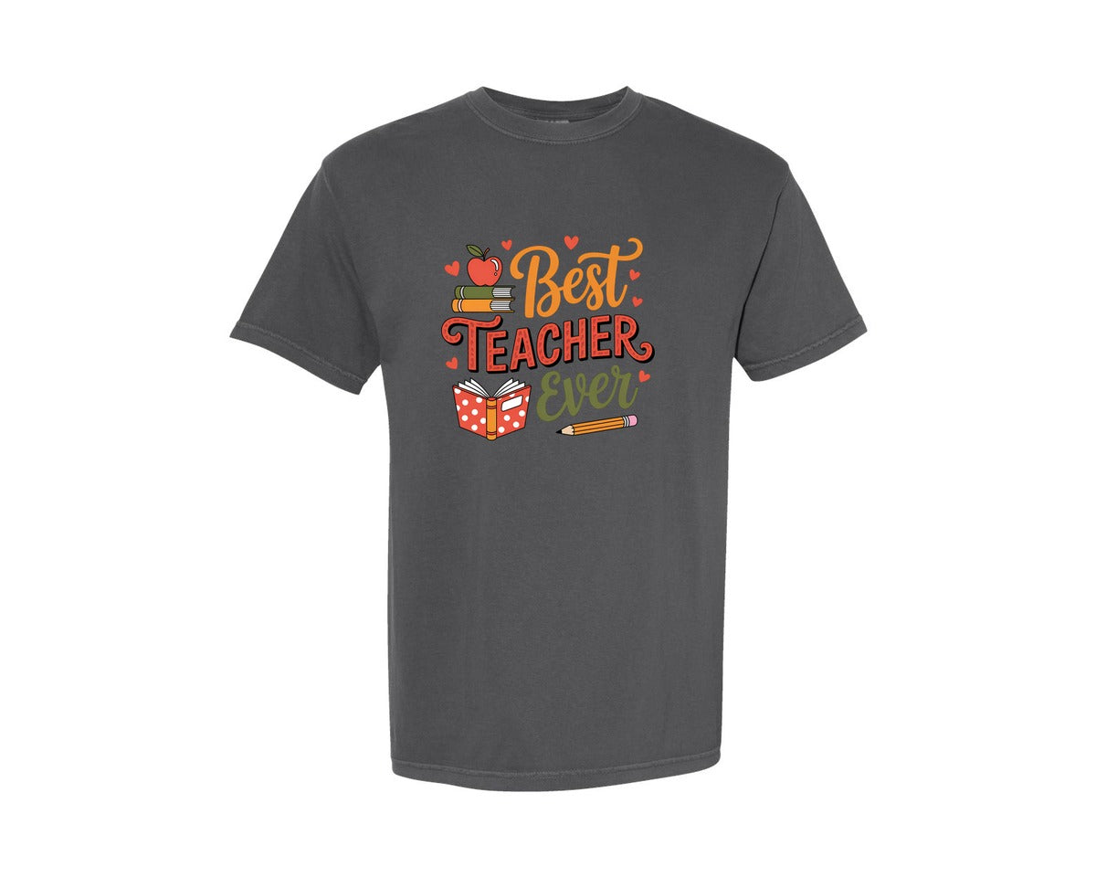 brand:Comfort Colors|color:Pepper|Best Teacher Ever Books Apple Design Graphic T-Shirt