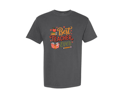 brand:Comfort Colors|color:Pepper|Best Teacher Ever Books Apple Design Graphic T-Shirt
