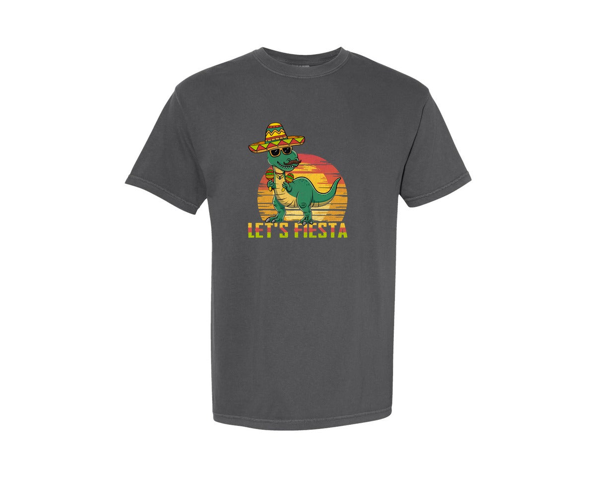 brand:Comfort Colors|color:Pepper|Lets Fiesta Dinosaur Cinco De Mayo Graphic T-Shirt