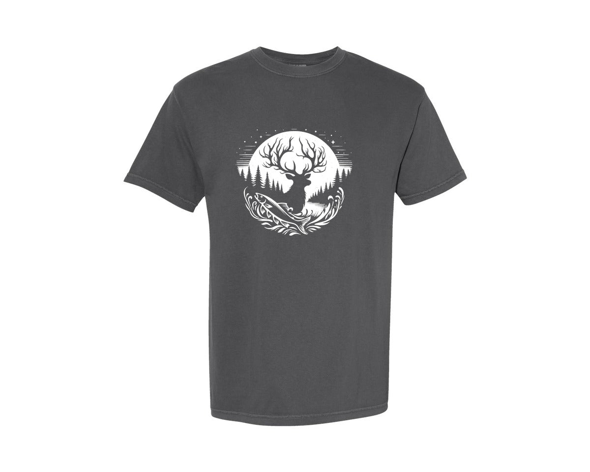 brand:Comfort Colors|color:Pepper|Camping Fishing Deer Fish Tree Graphic T-Shirt