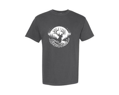 brand:Comfort Colors|color:Pepper|Camping Fishing Deer Fish Tree Graphic T-Shirt