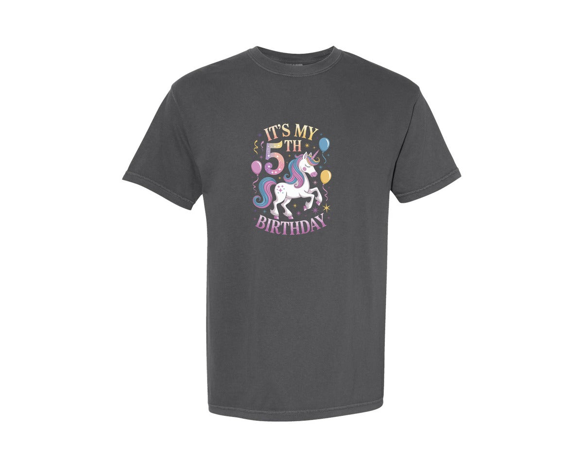 brand:Comfort Colors|color:Pepper|Kids Its My 5Th Birthday Unicorn Shirt 2 Graphic T-Shirt