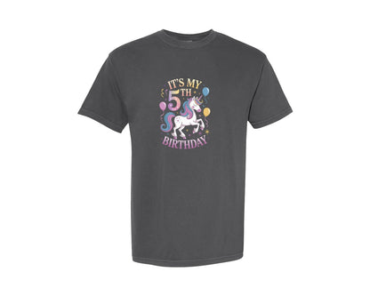 brand:Comfort Colors|color:Pepper|Kids Its My 5Th Birthday Unicorn Shirt 2 Graphic T-Shirt