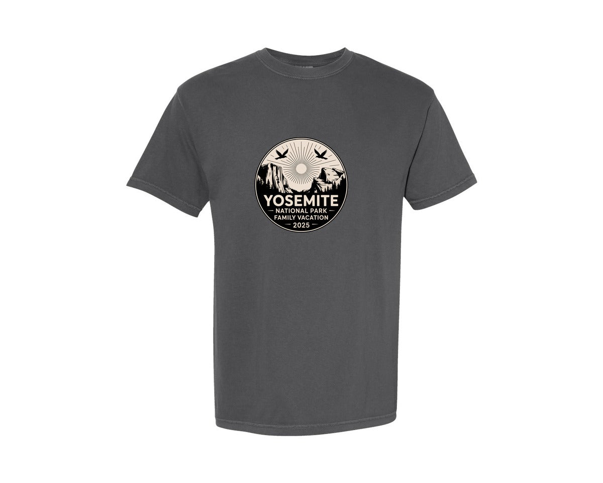 brand:Comfort Colors|color:Pepper|Yosemite Family Vacation Badge 2025 Graphic T-Shirt