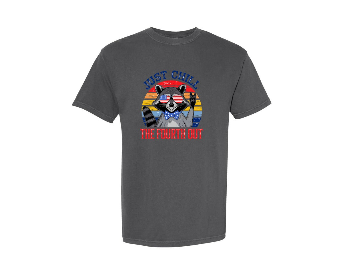 brand:Comfort Colors|color:Pepper|Retro Raccoon 4Th Of July Chill Vibes Graphic T-Shirt