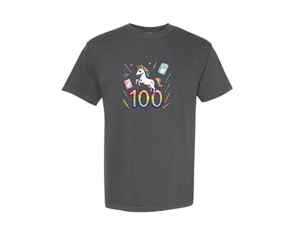 brand:Comfort Colors|color:Pepper|100 Days Of School Rainbow Unicorn Graphic T-Shirt