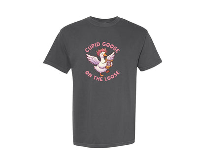 brand:Comfort Colors|color:Pepper|Cupid Goose On The Loose Valentine Graphic T-Shirt
