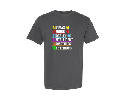 brand:Comfort Colors|color:Pepper|Always Unique Autism Awareness Graphic T-Shirt
