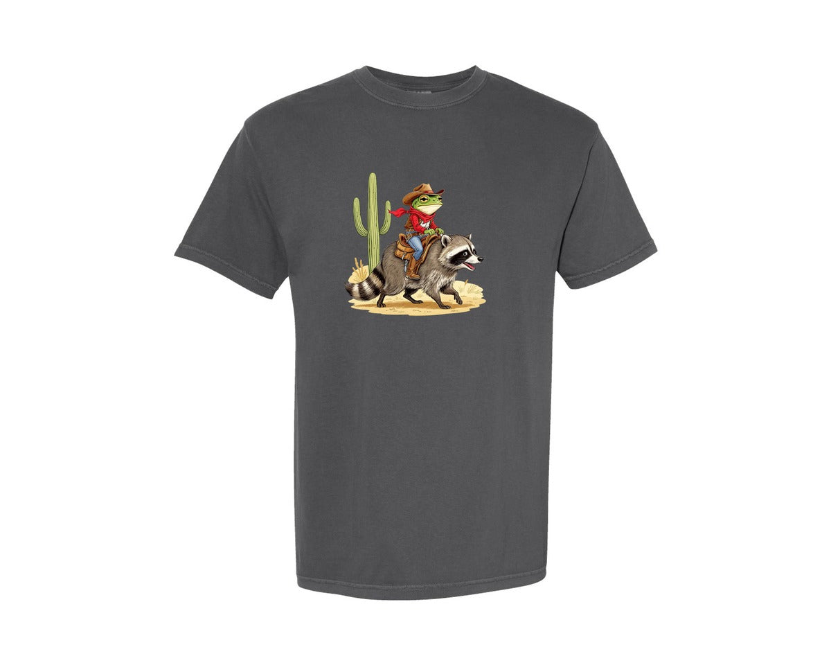 brand:Comfort Colors|color:Pepper|Raccoon Desert Howdy Cowboy Frog Graphic T-Shirt