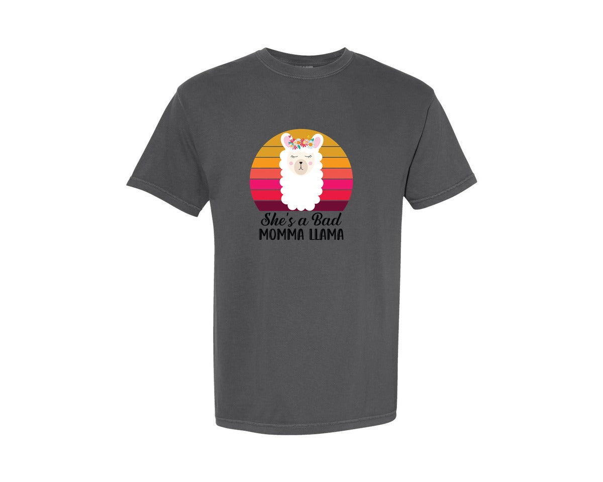 brand:Comfort Colors|color:Pepper|Shes A Bad Momma Llama Retro T Shirt Graphic T-Shirt